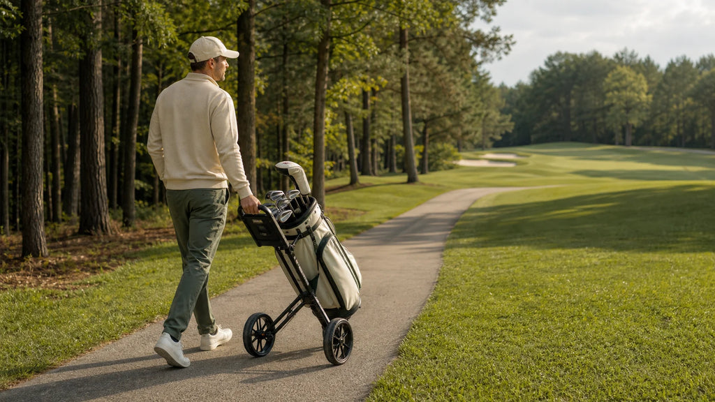 Golfer pulling a two-wheel golf trolley with a secured golf bag along a fairway path