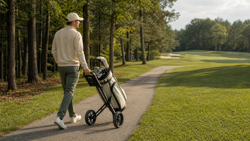 Golfer pulling a two-wheel golf trolley with a secured golf bag along a fairway path
