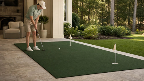 Golfer putting on an unrolled three-hole practice green with flags