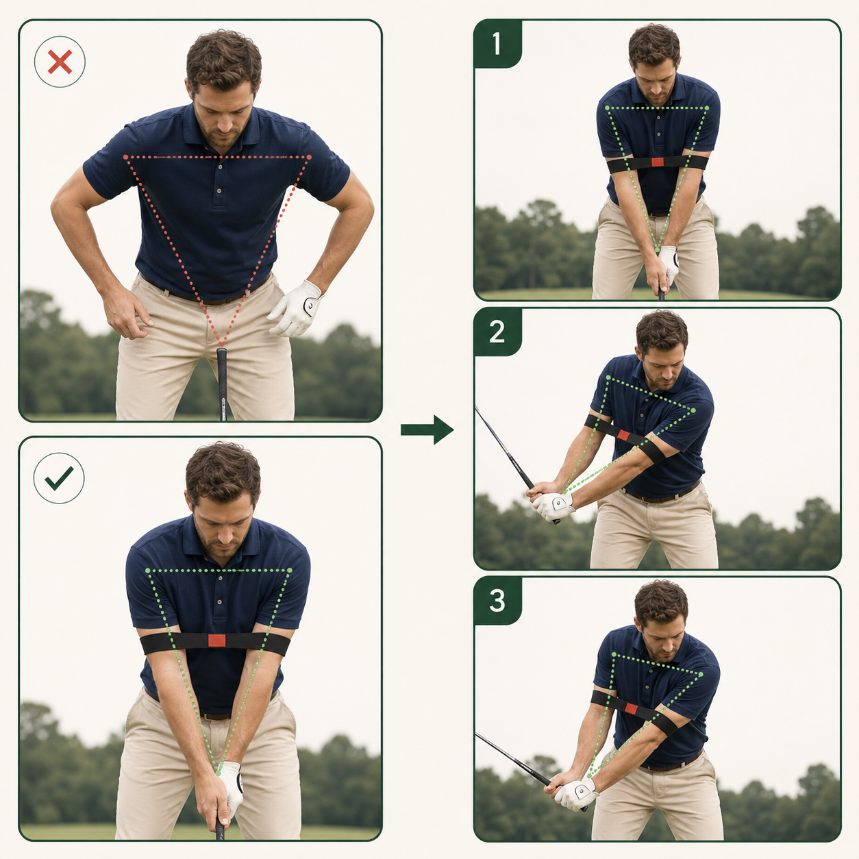Instructional comparison and three-step golf swing sequence using the arm alignment training band.