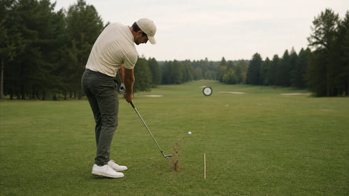 Golfer practicing a controlled seven-iron shot from a grass range