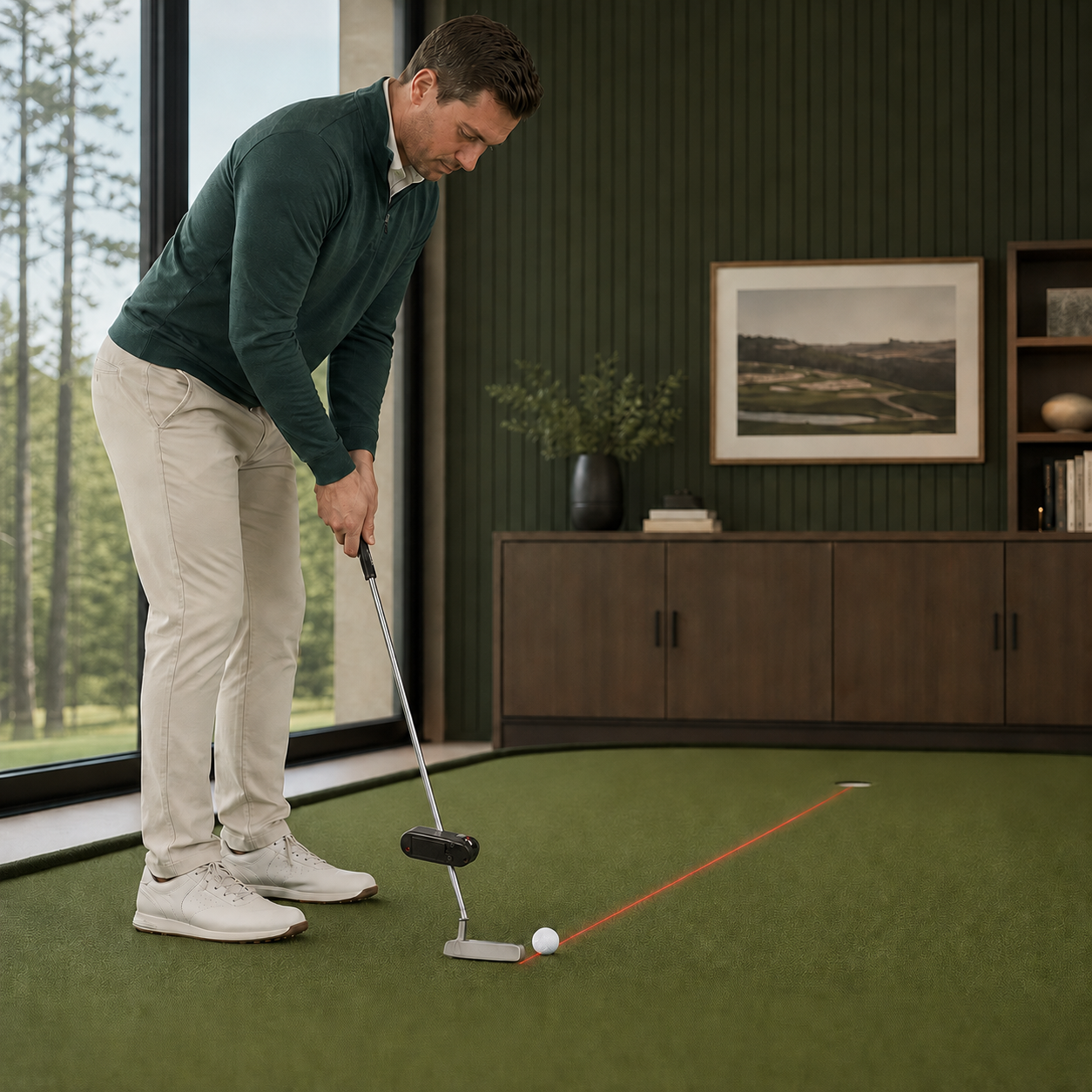 Golf putter laser alignment trainer mounted on a putter shaft during indoor practice