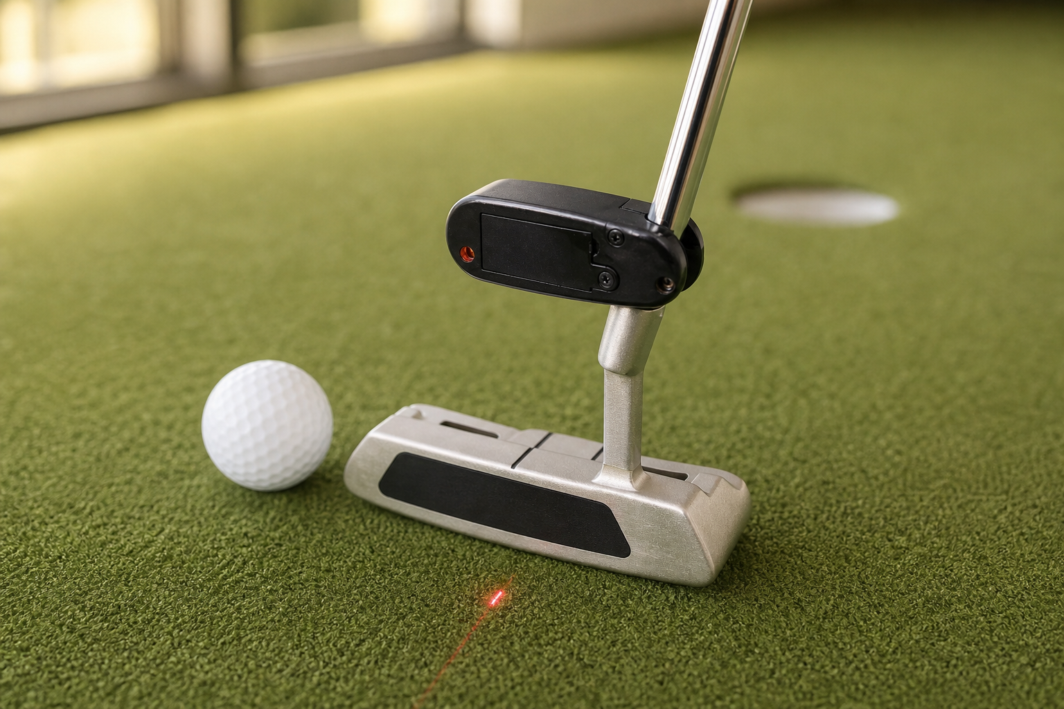 Compact golf putter laser pointer attached near the putter head on an indoor green