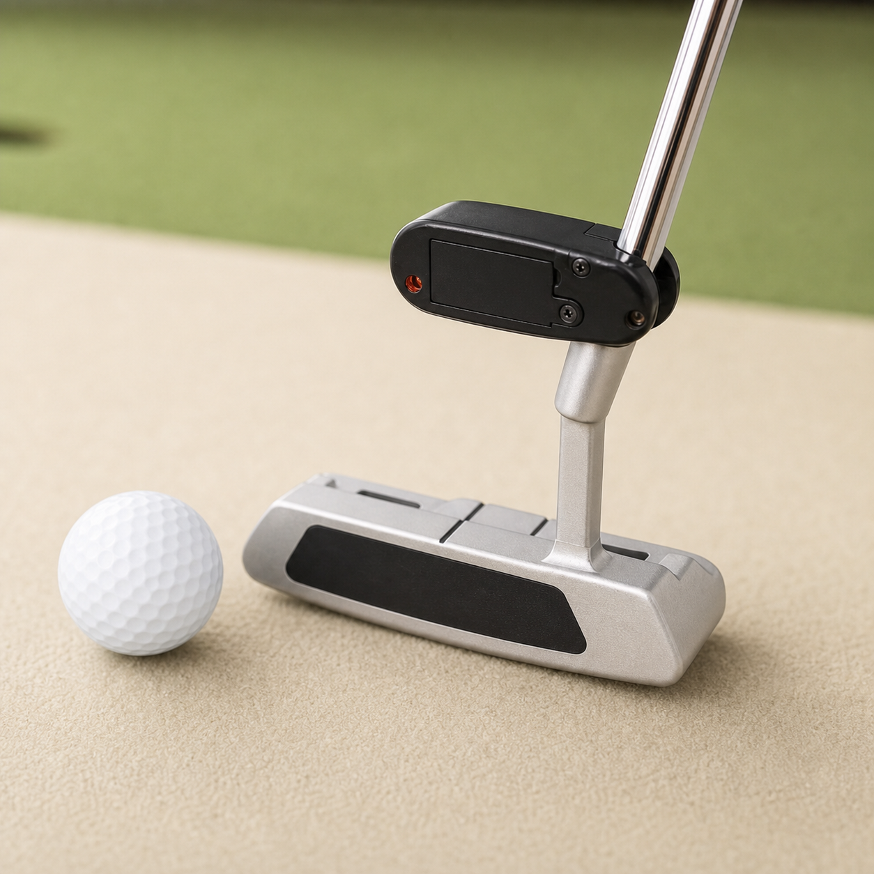 Close view of compact putter laser pointer attached directly above a silver putter head