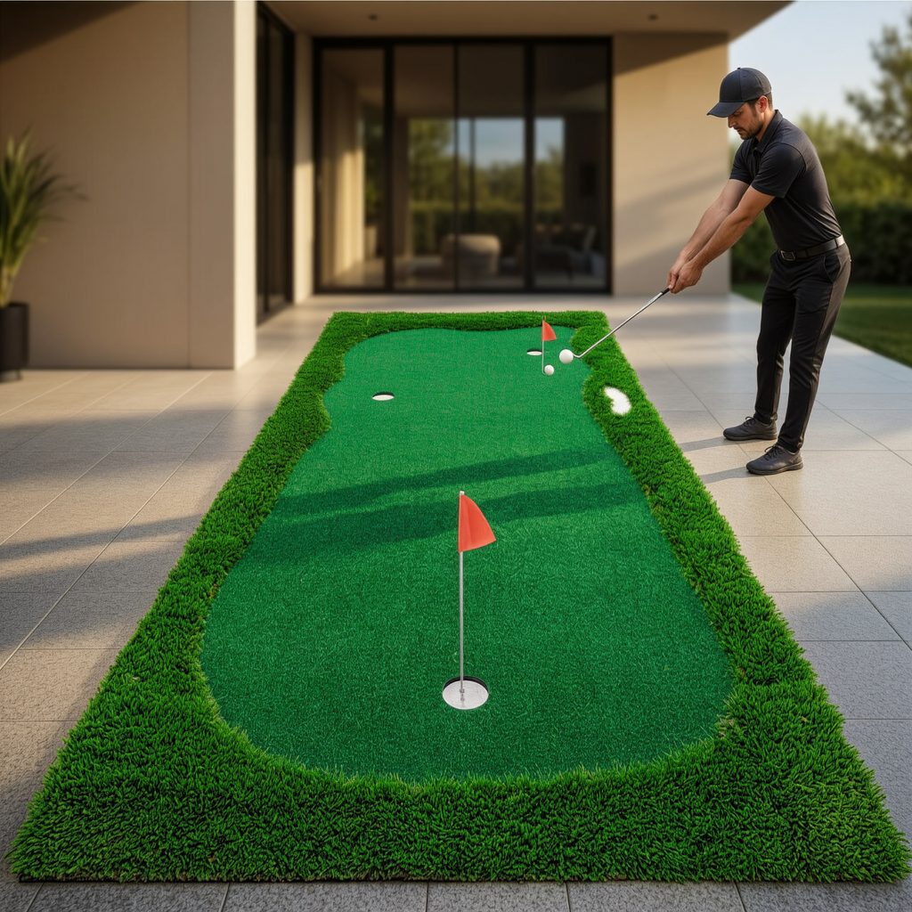 Golfer practicing on the three-hole putting green on a modern patio