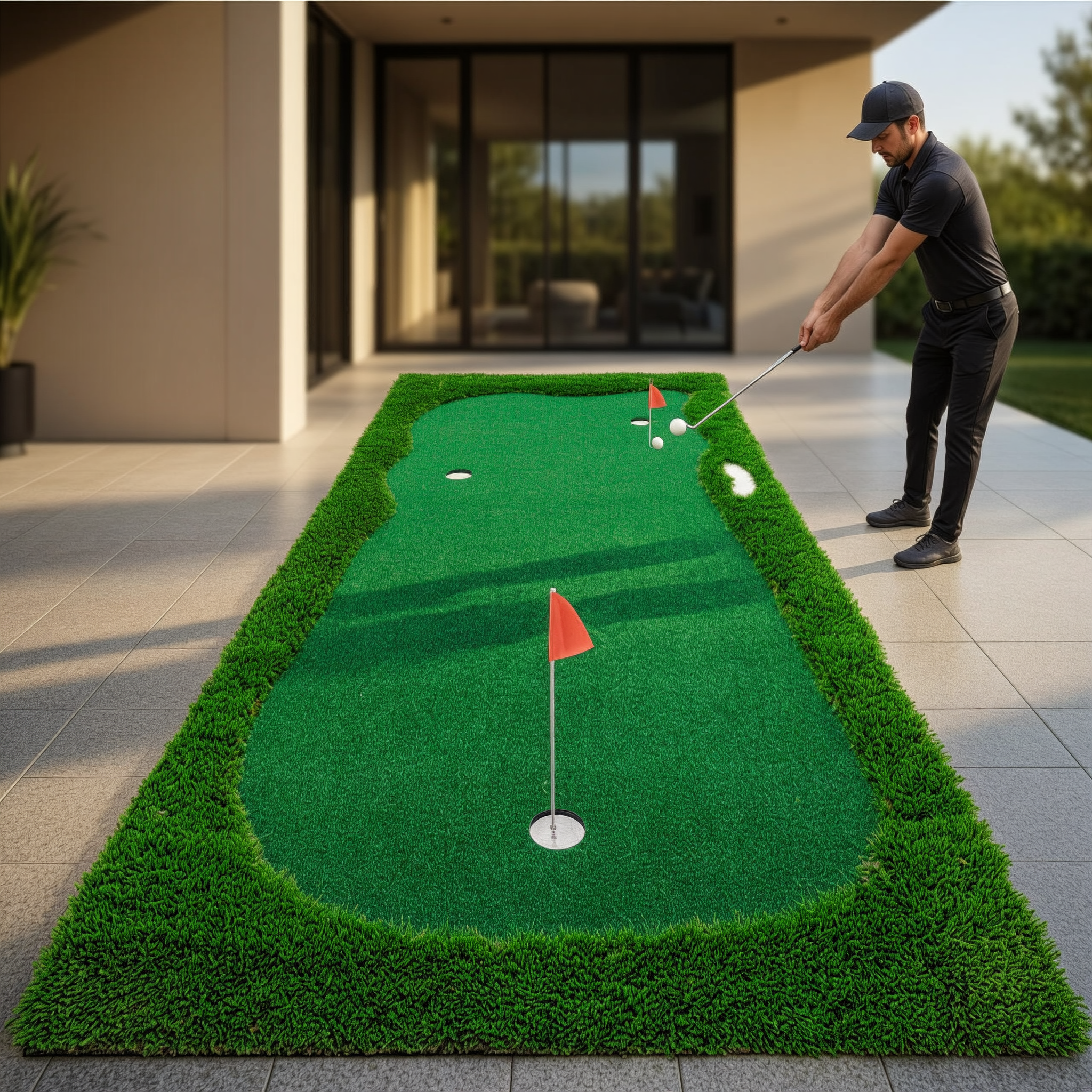 Golfer practicing on the three-hole putting green on a modern patio