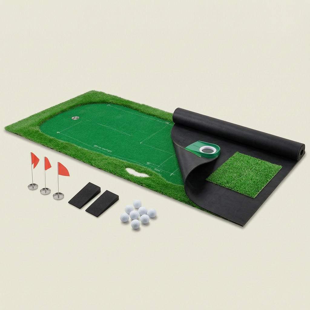 Rolled putting green with three cups flags and practice accessories