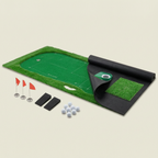 Rolled putting green with three cups flags and practice accessories