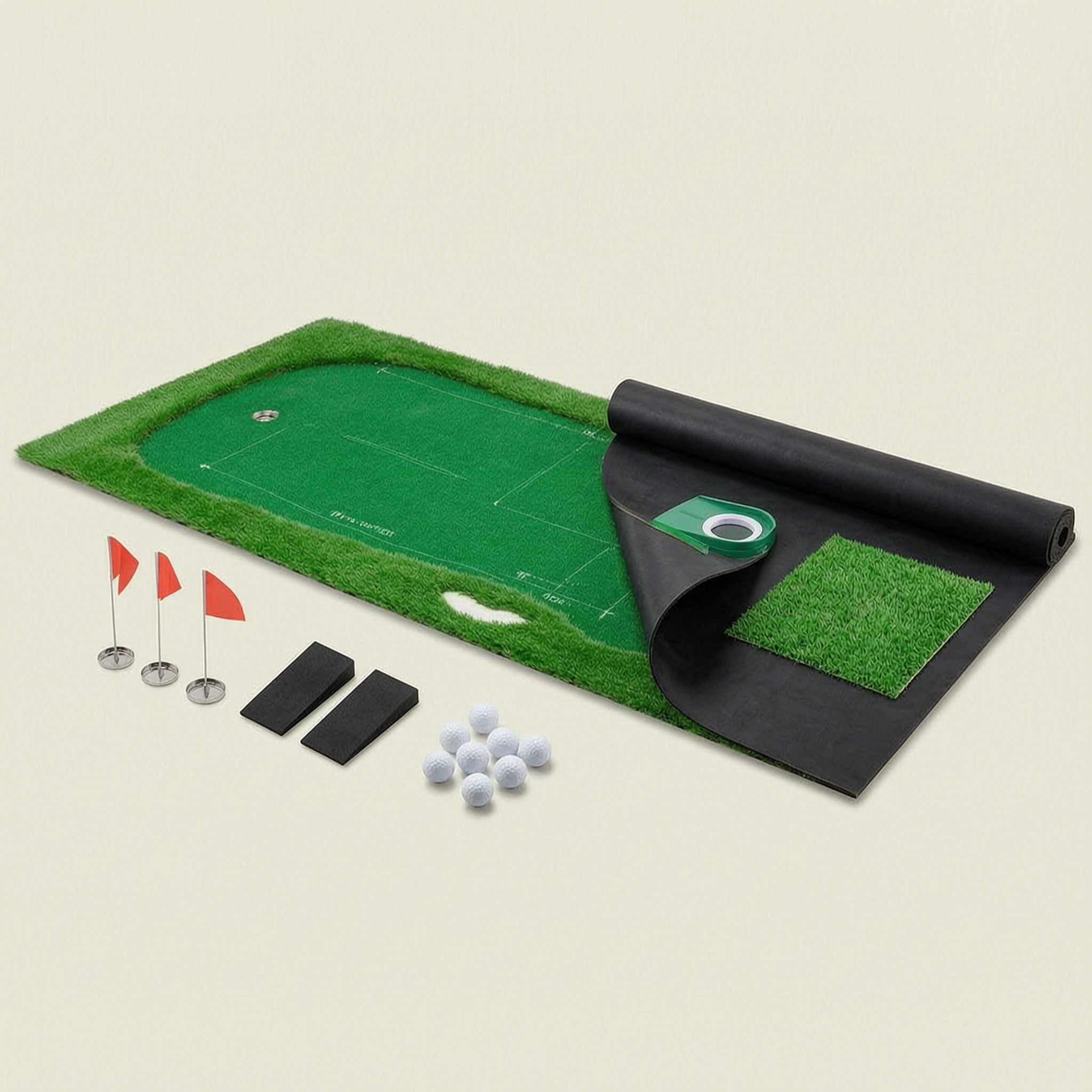 Rolled putting green with three cups flags and practice accessories
