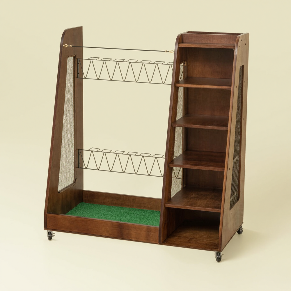 Dark-brown rolling wood golf bag and equipment organizer