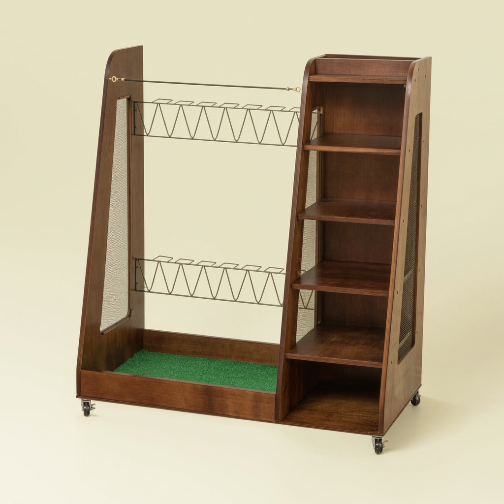 Dark-brown rolling wood golf bag and equipment organizer