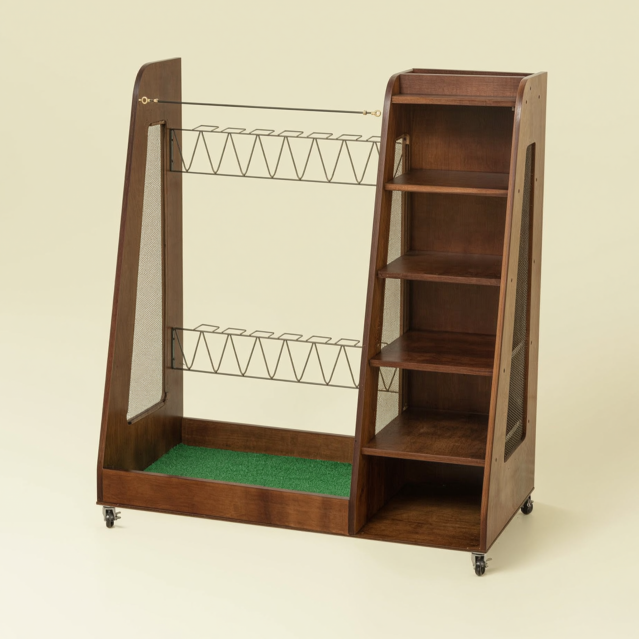 Dark-brown rolling wood golf bag and equipment organizer