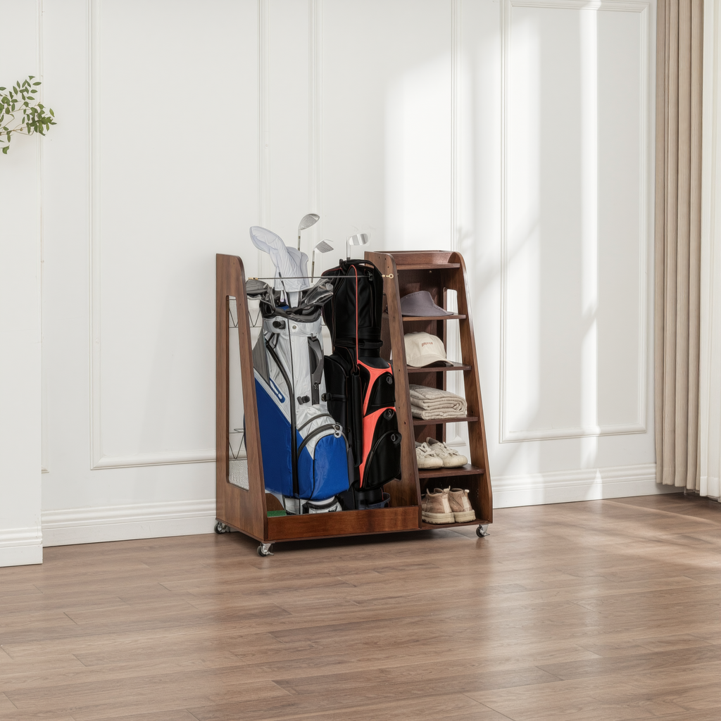 Golf equipment organizer holding two bags shoes and accessories