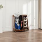 Golf equipment organizer holding two bags shoes and accessories