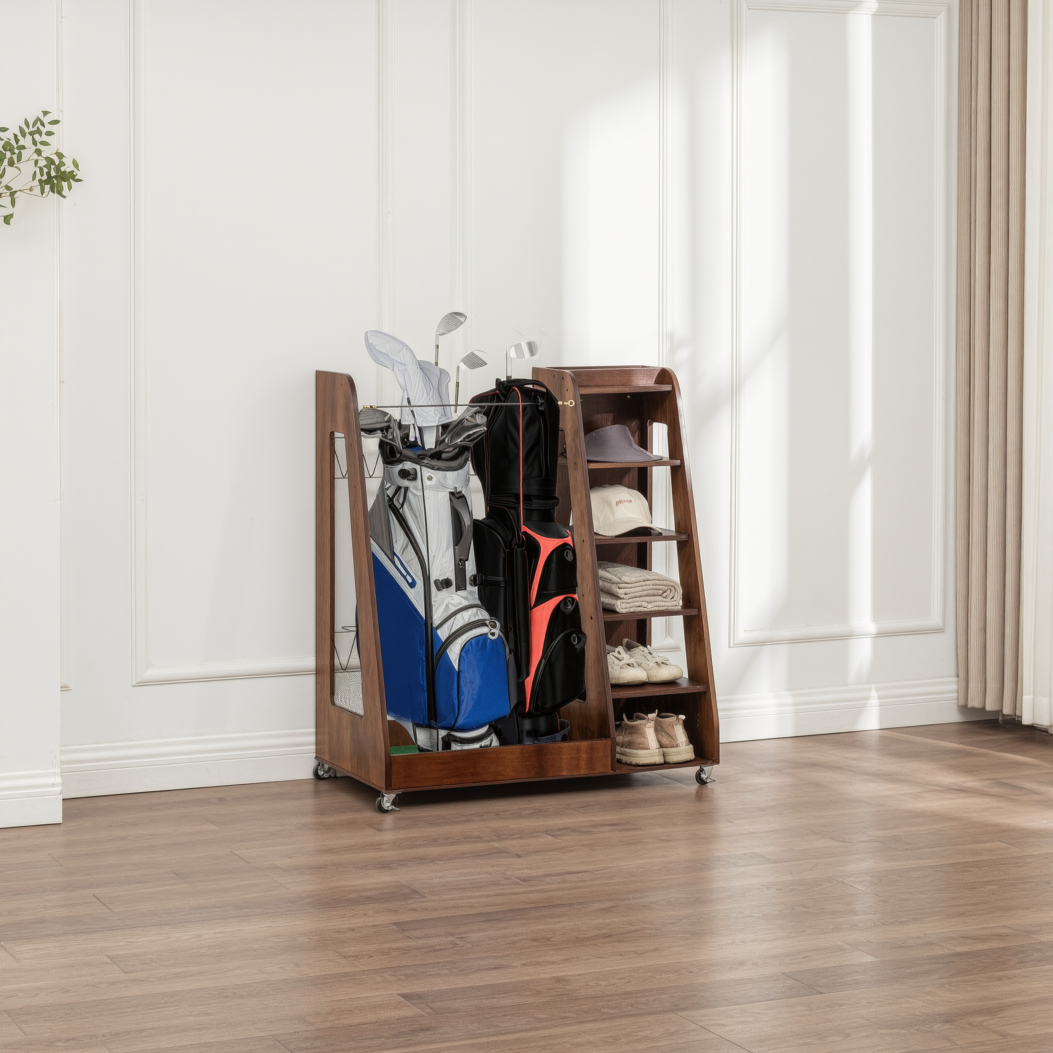Golf equipment organizer holding two bags shoes and accessories