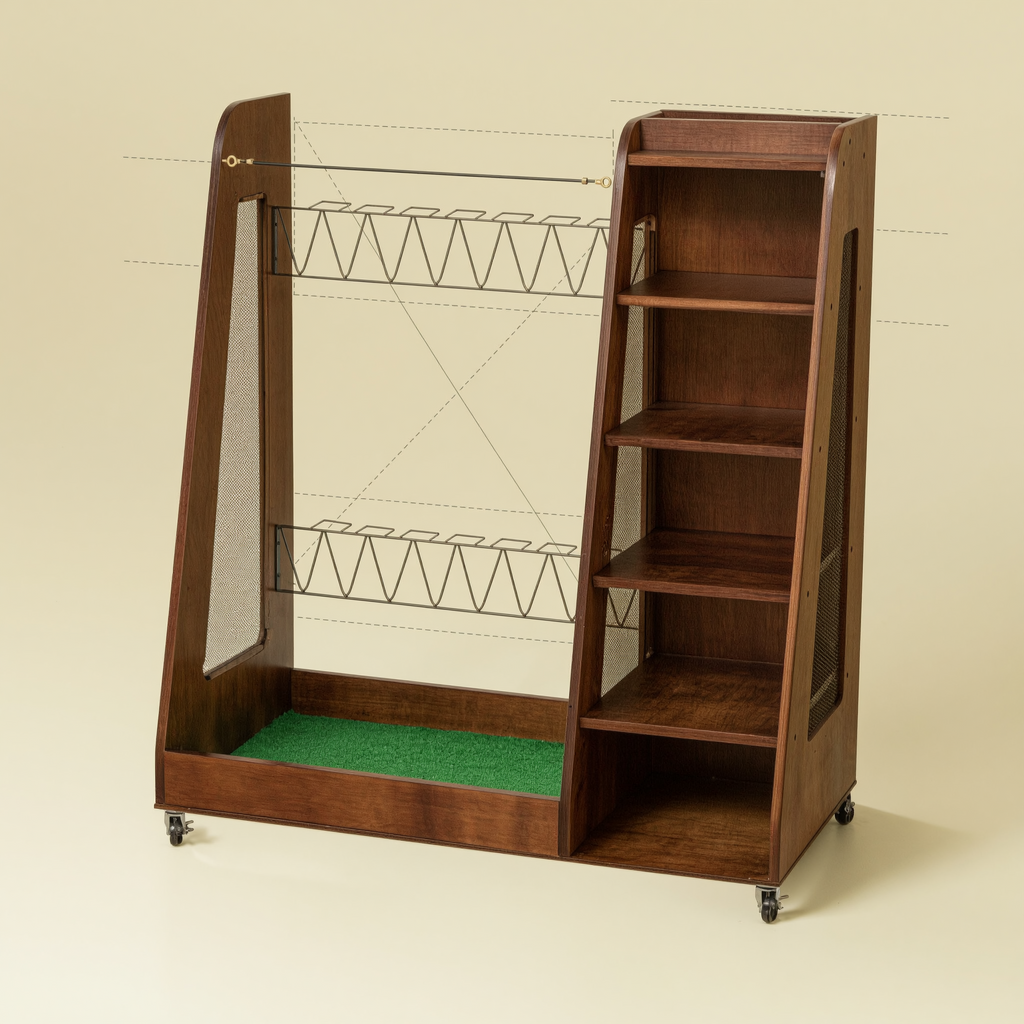 Front and side view of the rolling wood golf organizer