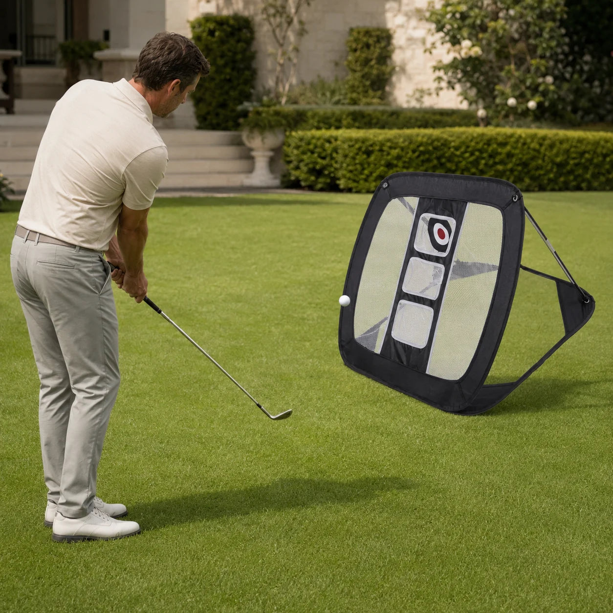 Foldable Pop-Up Golf Chipping Practice Net — in use
