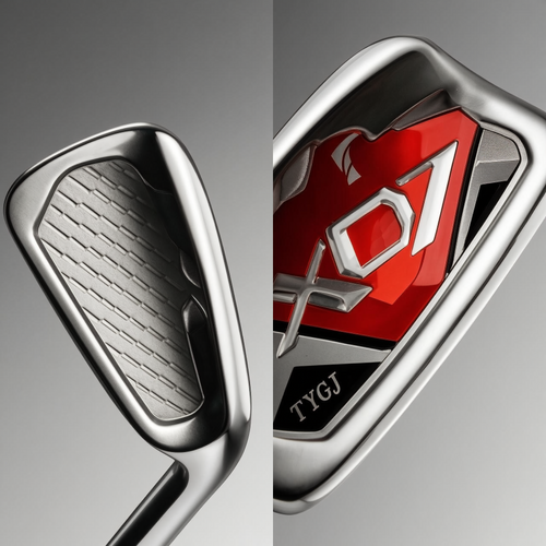 Grooved face detail of the No. 7 golf iron