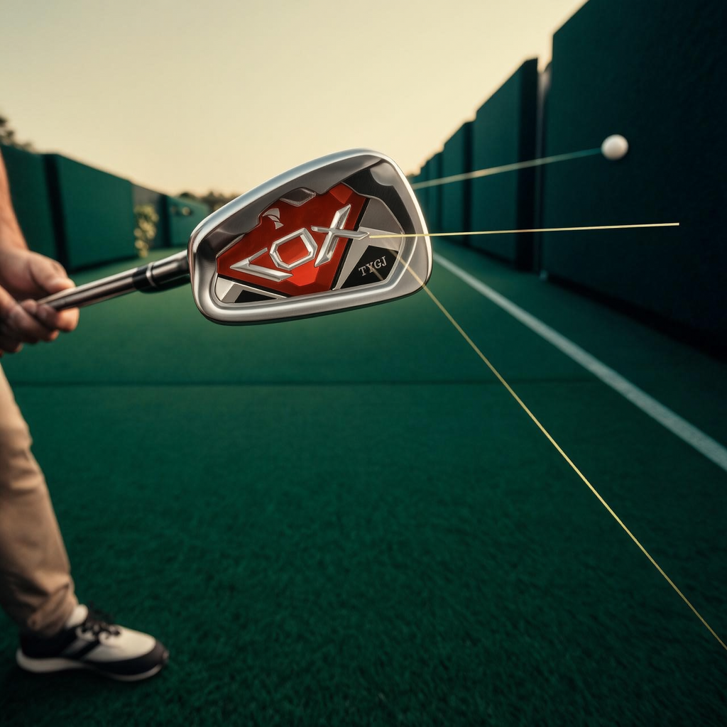 Golfer addressing a ball with the No. 7 iron on a practice range
