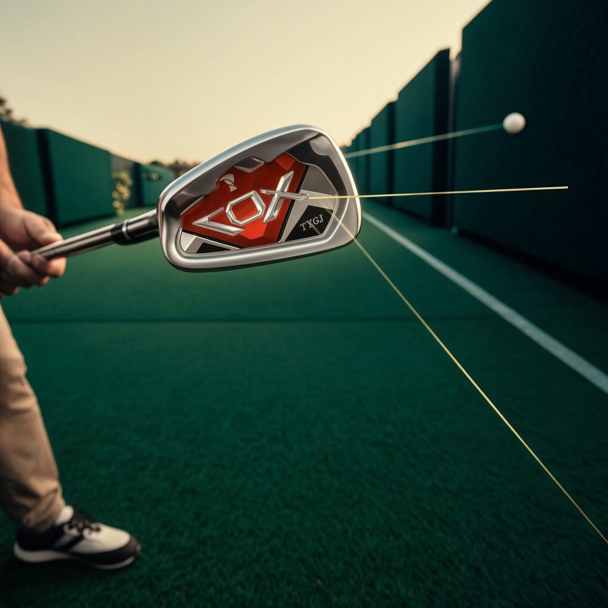 Golfer addressing a ball with the No. 7 iron on a practice range