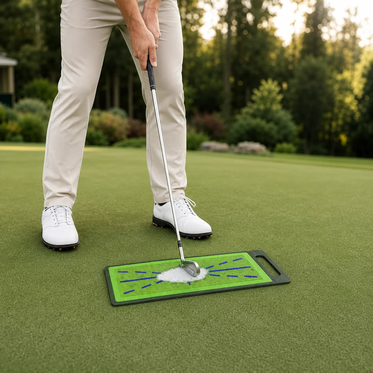 Golf Practice Mat with Swing Path Track — in use