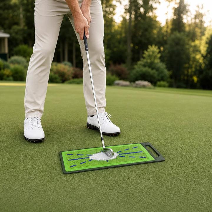 Golf Practice Mat with Swing Path Track — in use