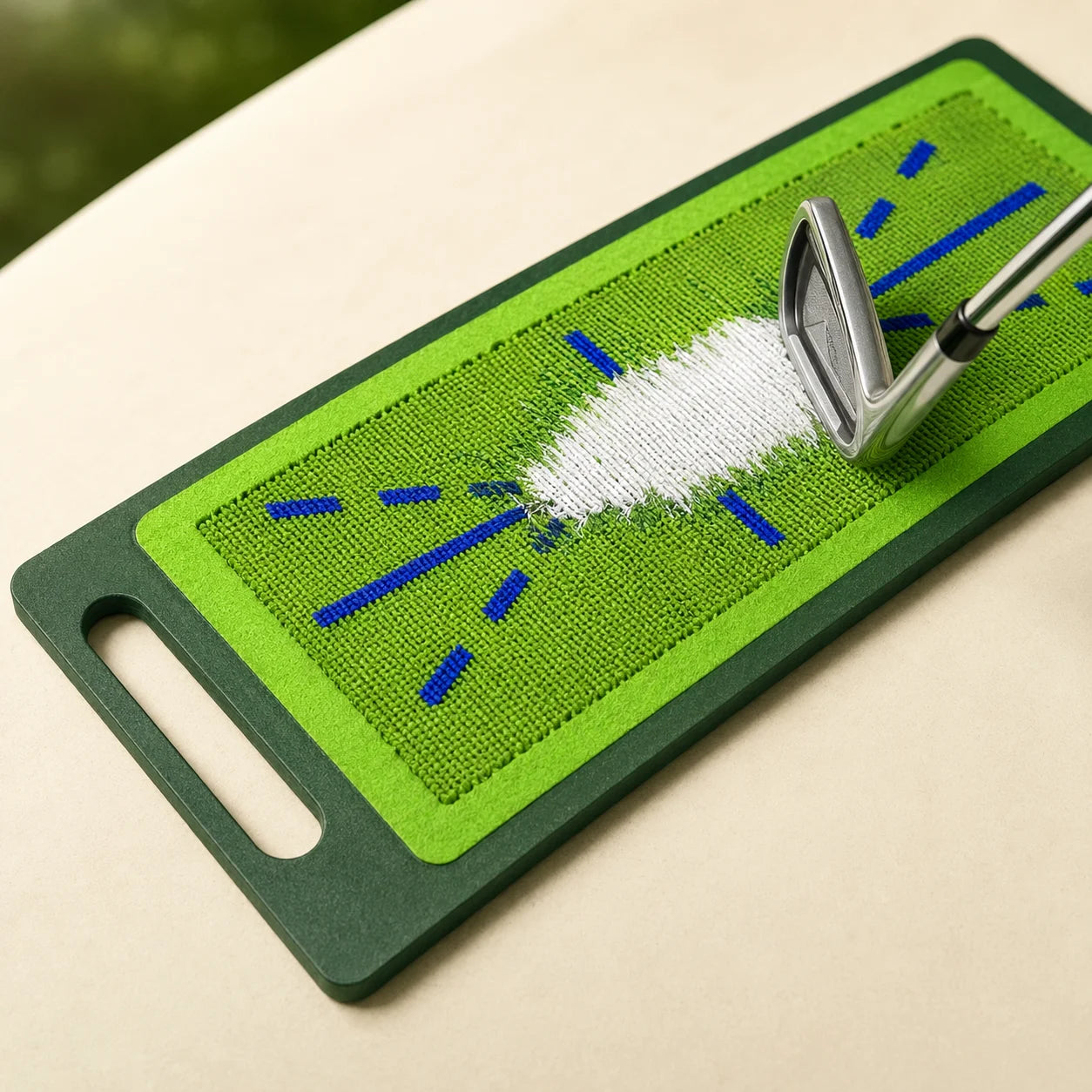 Golf Practice Mat with Swing Path Track — function and construction detail