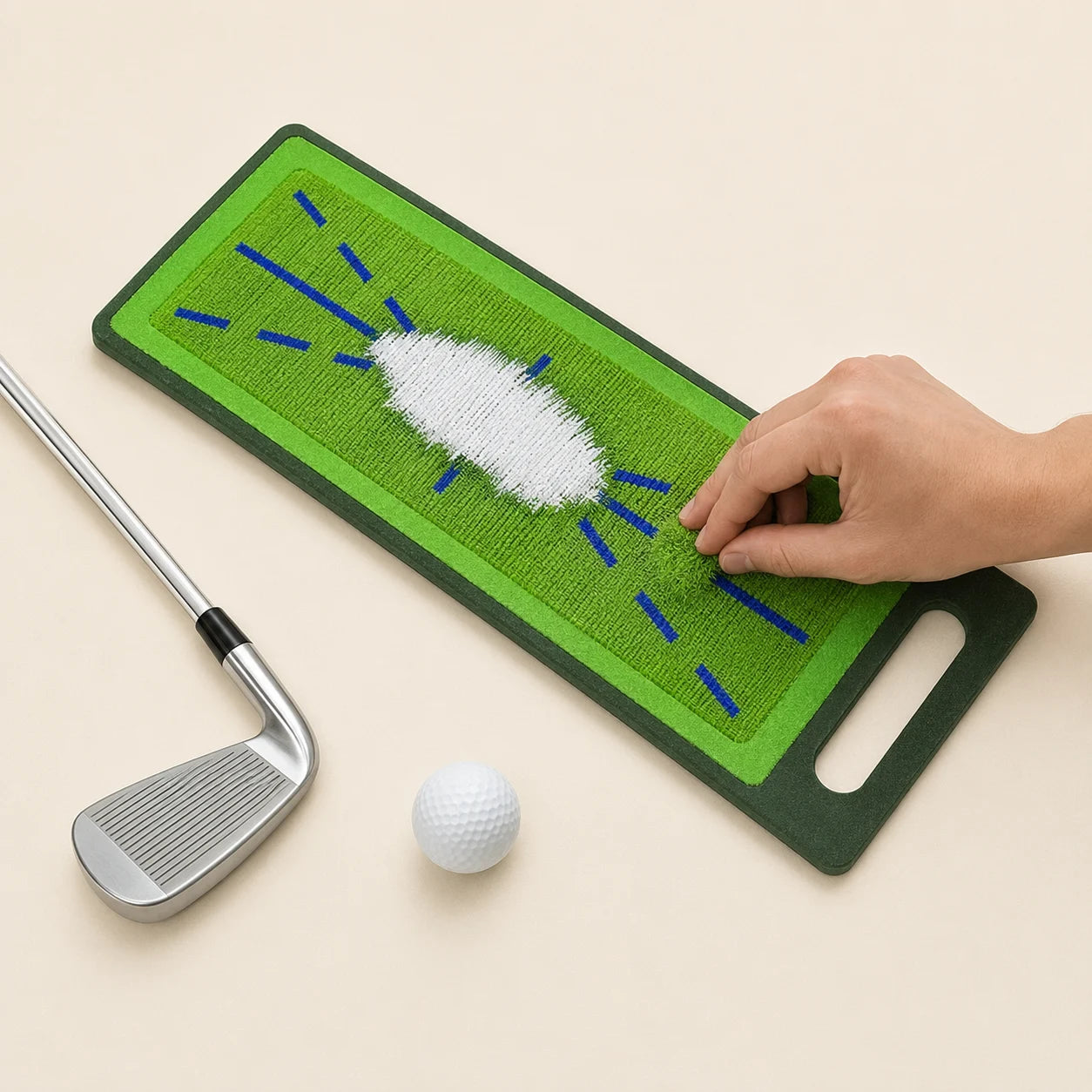 Golf Practice Mat with Swing Path Track — complete setup view