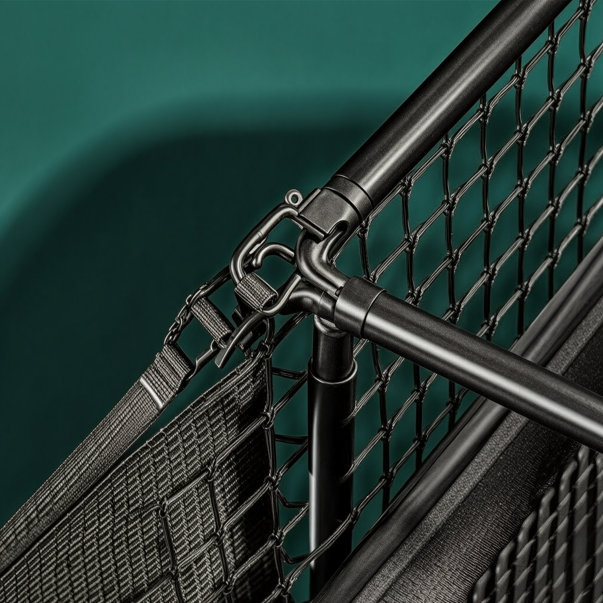 Reinforced netting and steel frame detail of the golf practice net