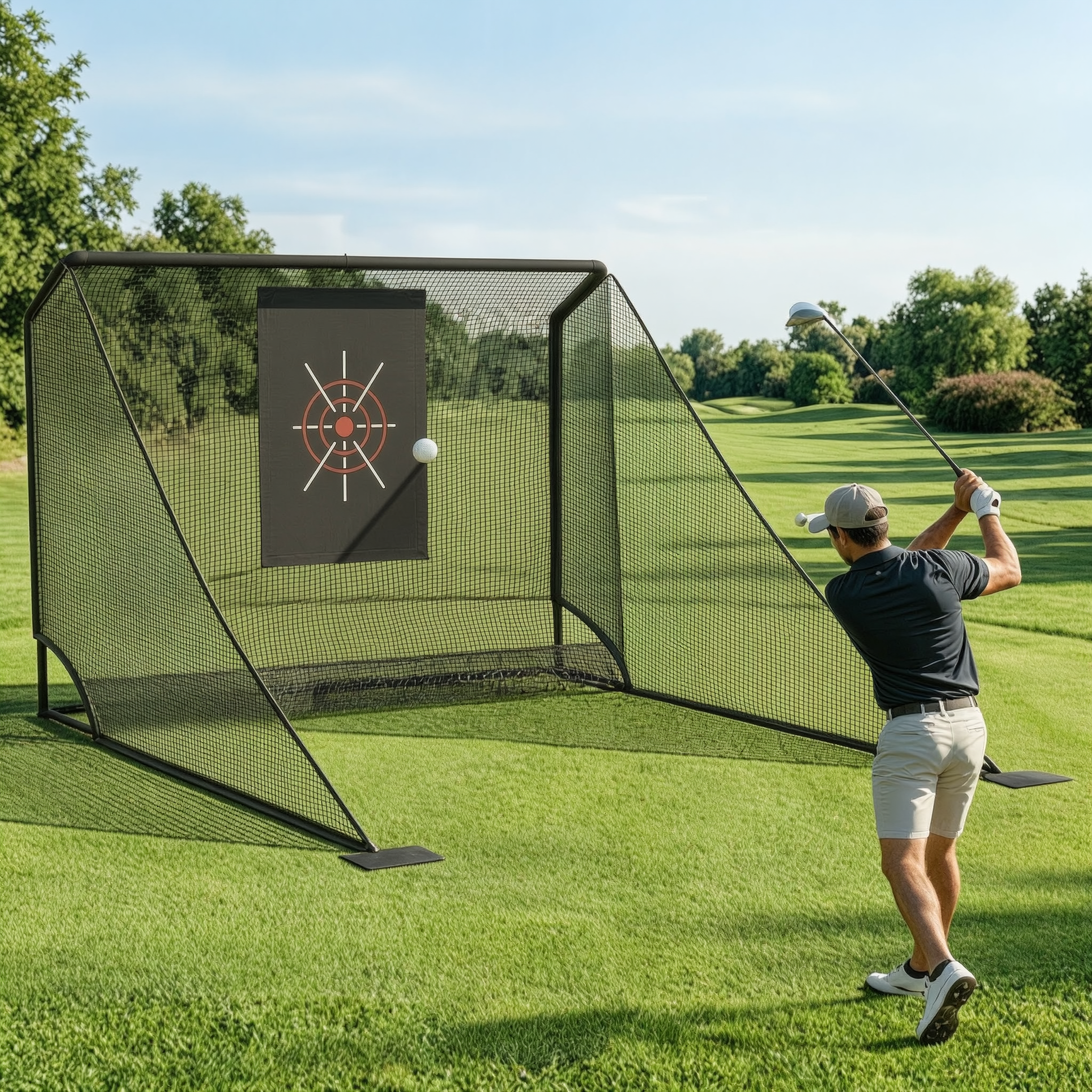 Golfer using the practice net in a landscaped backyard