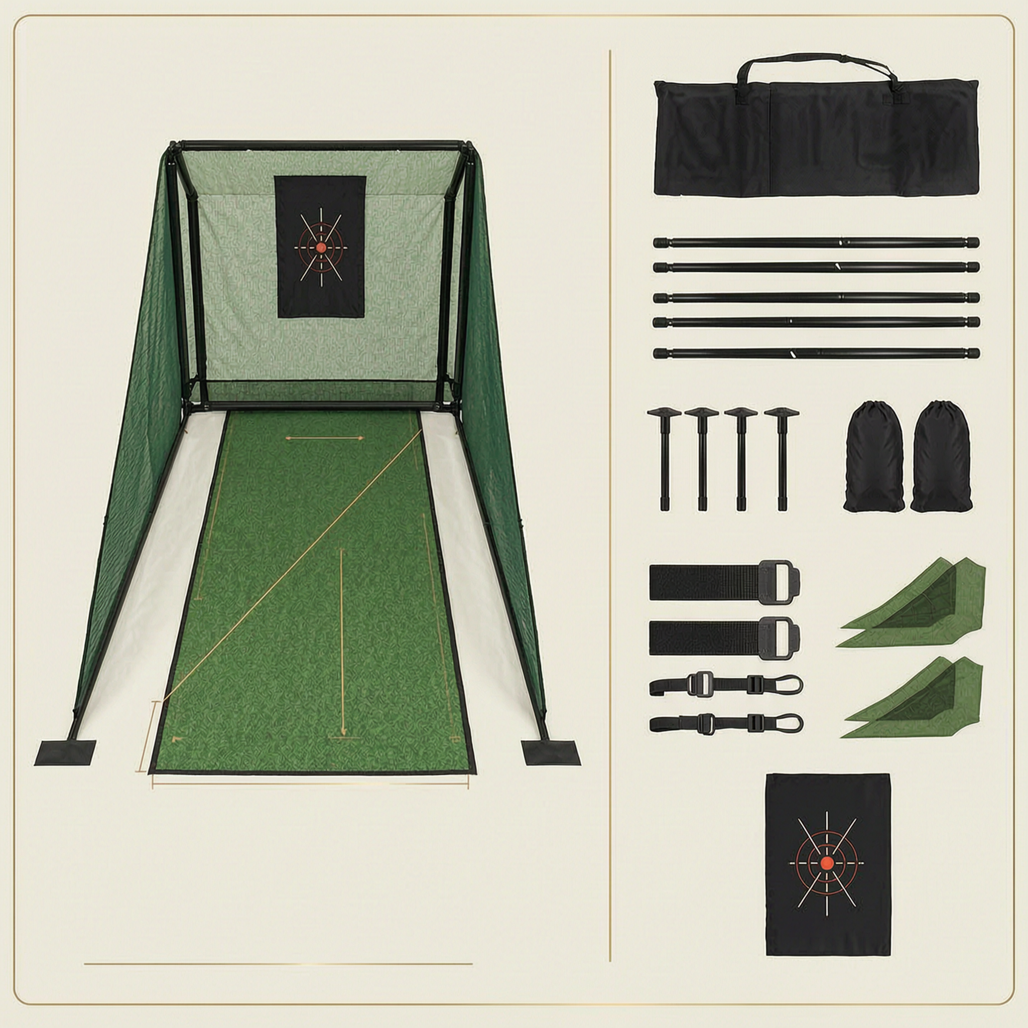 Golf practice net components arranged beside the assembled frame