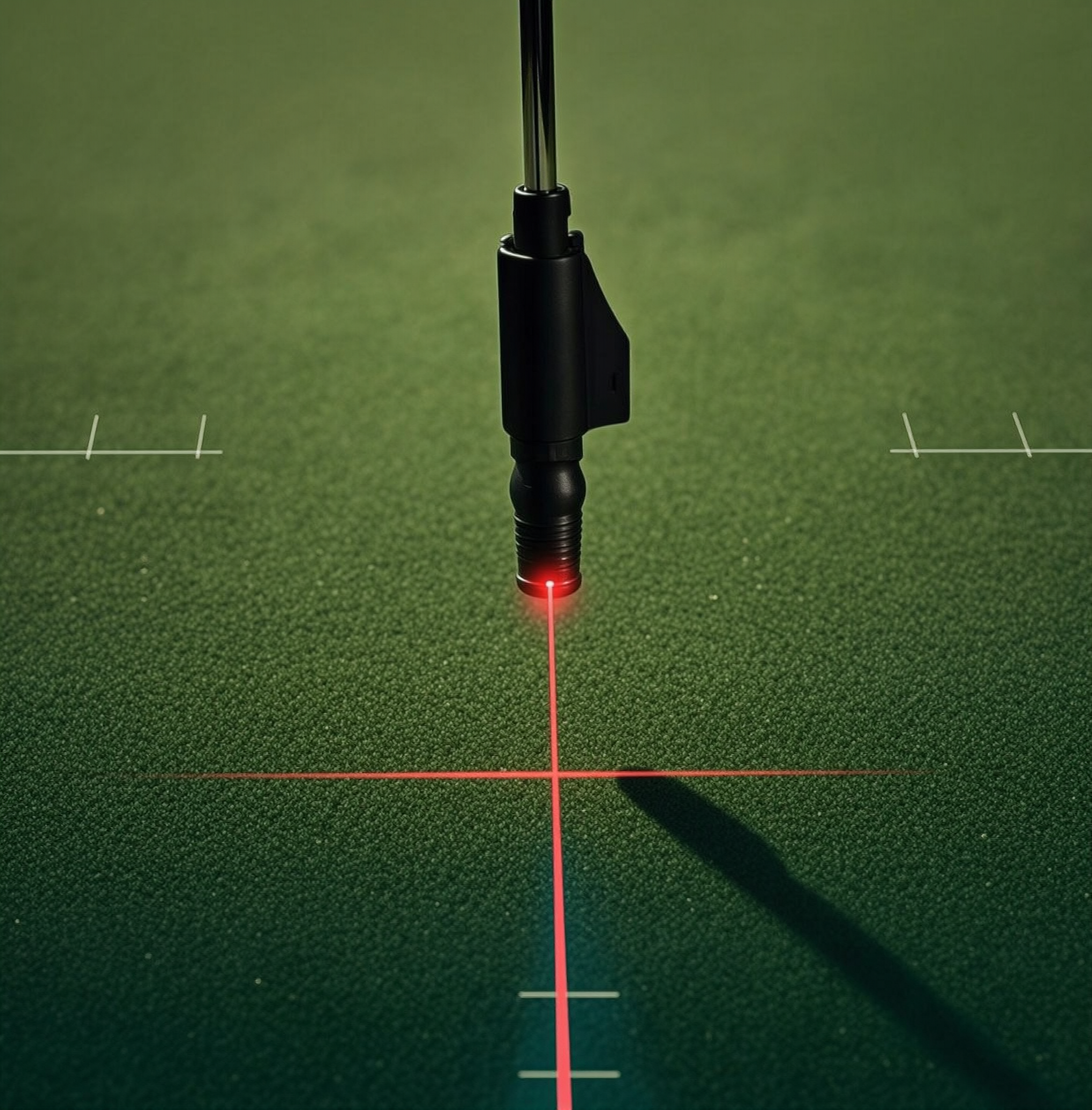 Laser alignment trainer mounted on a putter during indoor practice