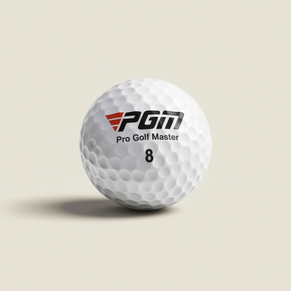 White three-layer competition golf ball on an ivory studio background