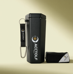 Portable black golf ball cleaner with clip and towel