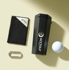 Portable golf ball cleaner components arranged on an ivory background