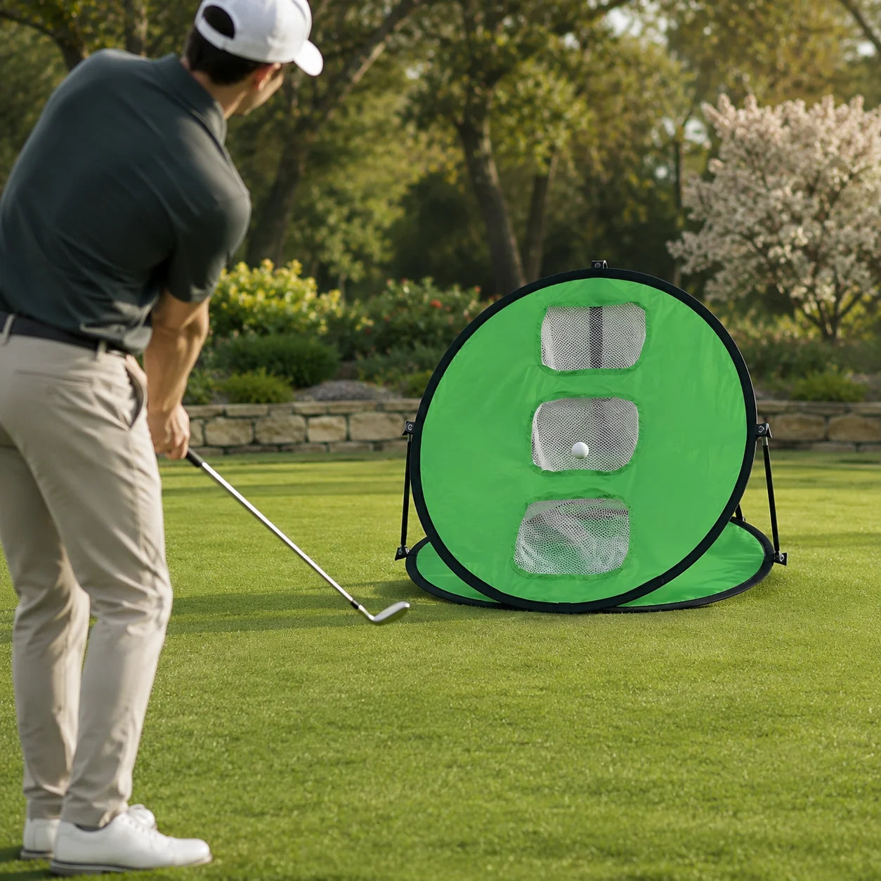 Portable Folding Golf Practice Net — in use