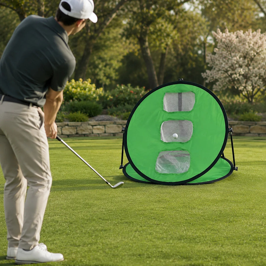 Portable Folding Golf Practice Net — in use