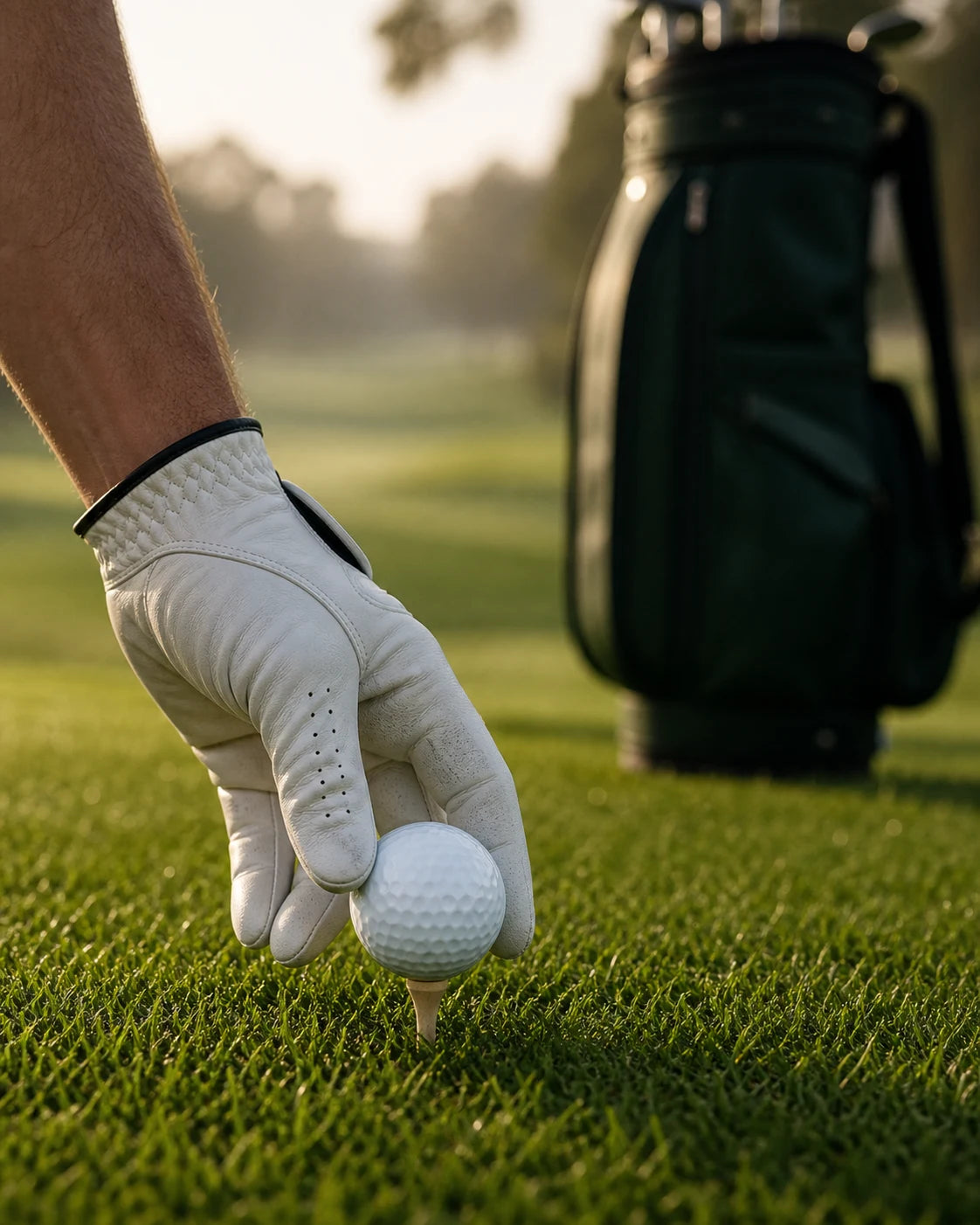Golfer placing a clean golf ball on a tee