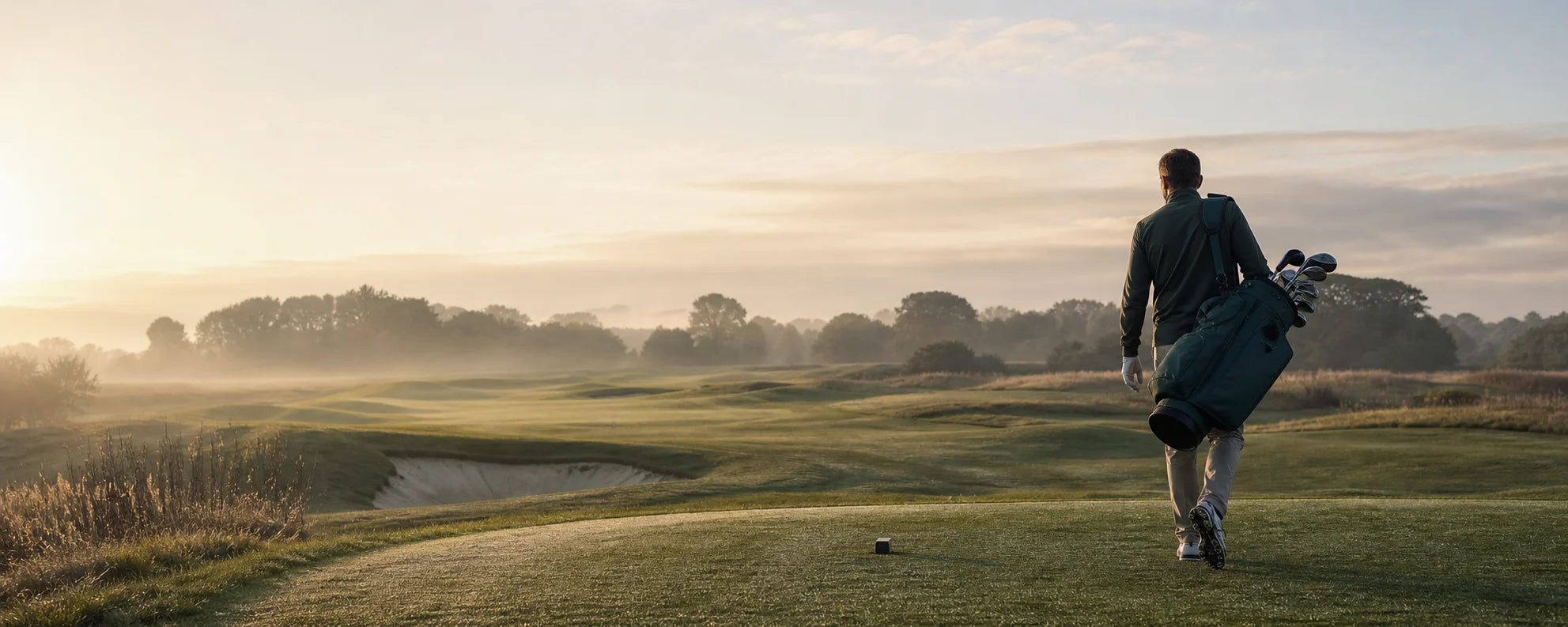 Golfer walking toward the first tee at dawn