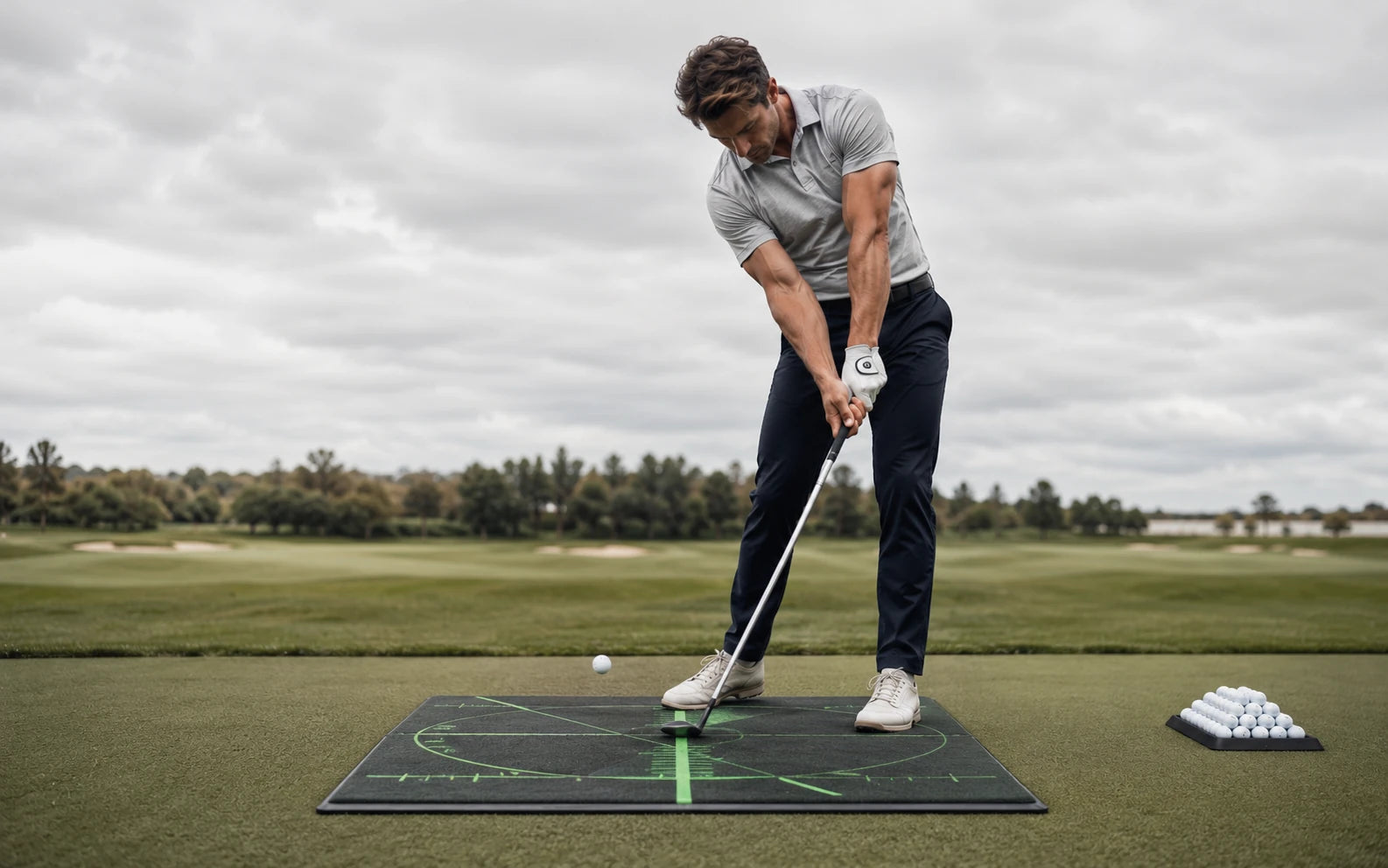 Golfer training his swing path on an alignment practice mat